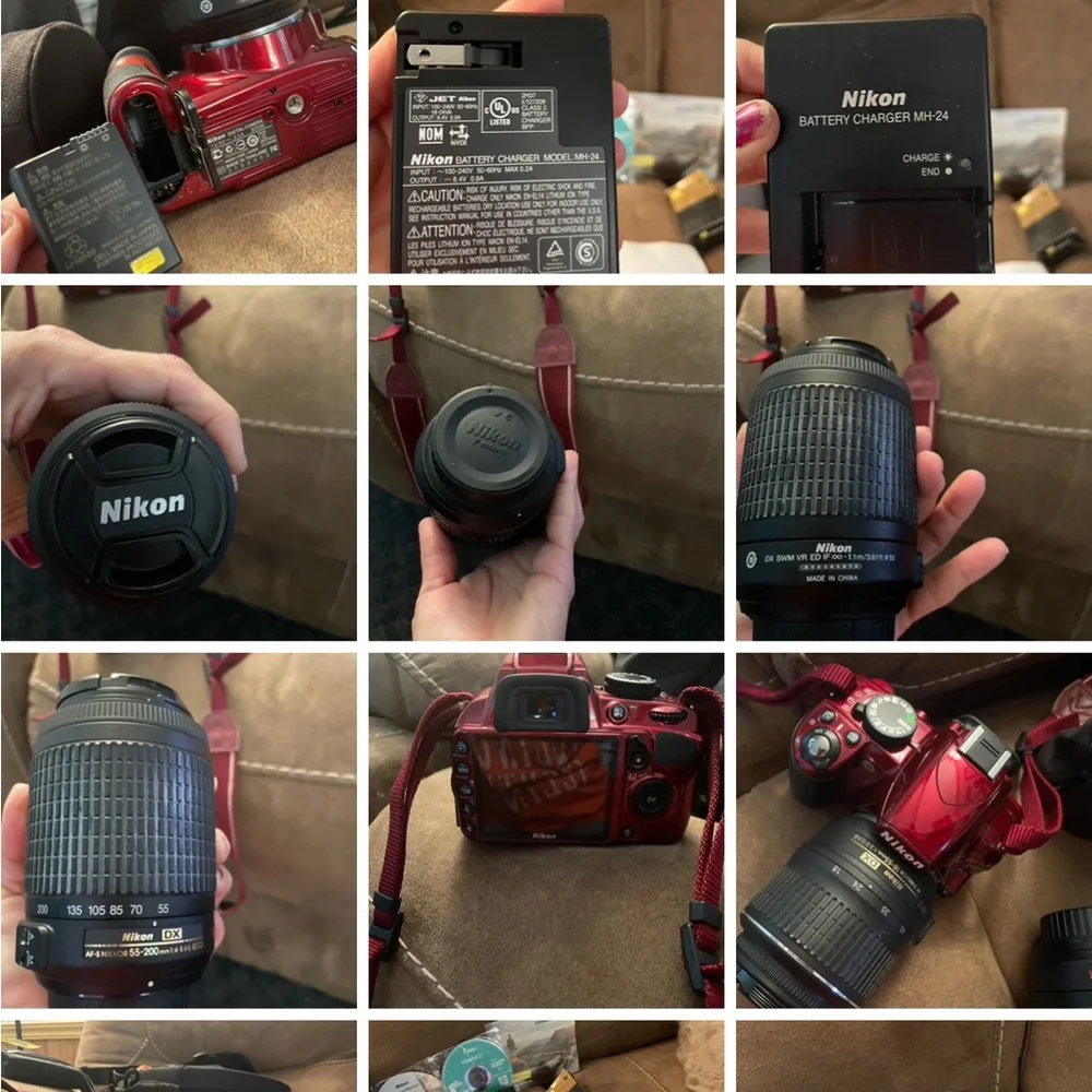 Cranberry Red Nikon digital camera with different size lense 2 battery w/charger